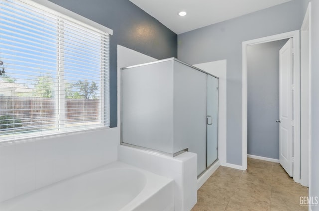 3420 Palagetto Pl, Bakersfield, CA 93314 - full bath featuring a bath, a shower stall, tile patterned floors, and recessed lighting