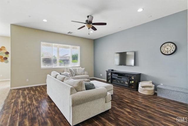 3420 Palagetto Pl, Bakersfield, CA 93314 - living room with ceiling fan, wood finished floors, baseboards, and recessed lighting