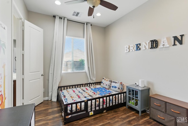 3420 Palagetto Pl, Bakersfield, CA 93314 - bedroom featuring dark wood-type flooring, recessed lighting, and a ceiling fan