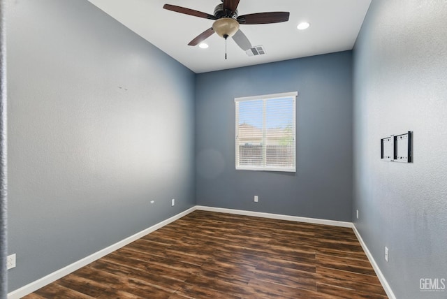 3420 Palagetto Pl, Bakersfield, CA 93314 - empty room featuring ceiling fan, baseboards, dark wood-style floors, and recessed lighting