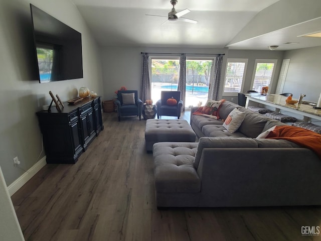 living room featuring lofted ceiling, dark wood finished floors, and a wealth of natural light