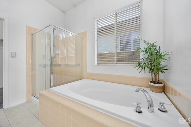 4702 Aviara Dr, Bakersfield, CA 93312 - bathroom with a bath, a stall shower, and tile patterned floors