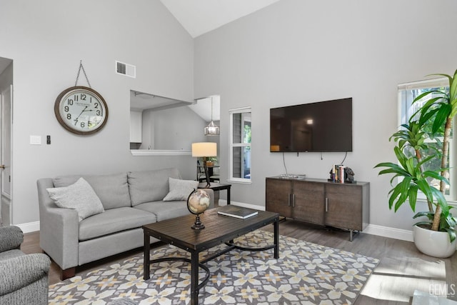 8000 Kroll Way Unit 29, Bakersfield, CA 93311 - living area featuring baseboards, wood finished floors, and high vaulted ceiling