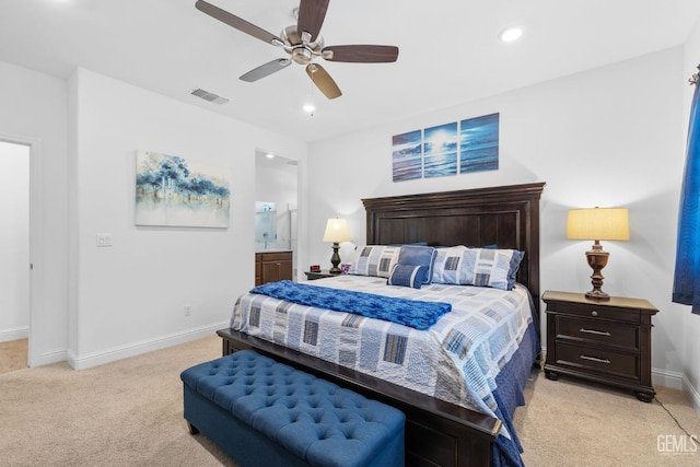bedroom featuring visible vents, baseboards, ceiling fan, recessed lighting, and light colored carpet