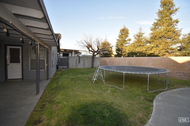 view of yard with a trampoline and a fenced backyard