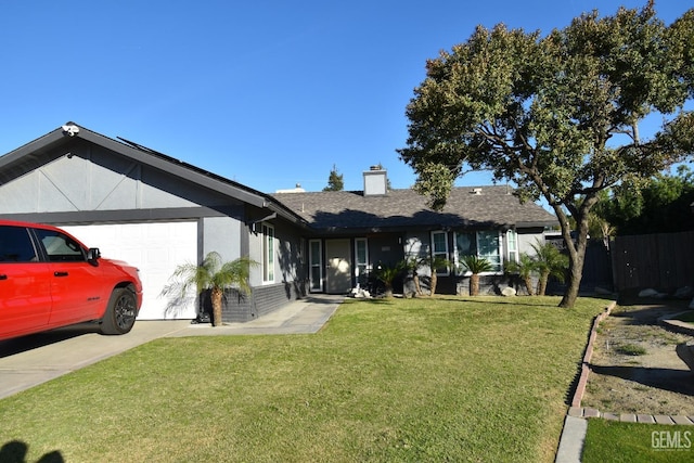 view of front facade featuring a chimney, stucco siding, an attached garage, fence, and a front lawn