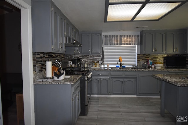 kitchen with stainless steel gas stove, decorative backsplash, gray cabinetry, under cabinet range hood, and a sink