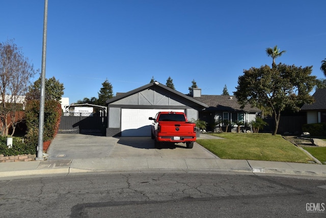 ranch-style home featuring an attached garage, brick siding, fence, concrete driveway, and a front lawn