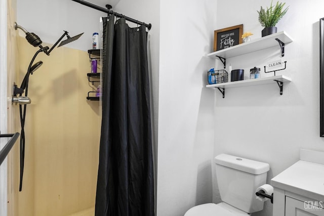 bathroom featuring toilet, a shower with curtain, and vanity