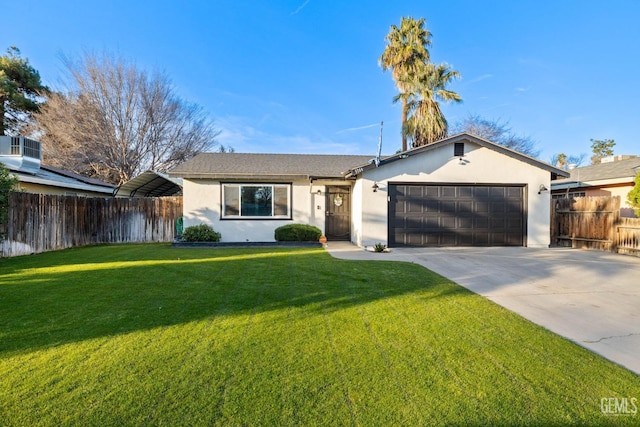 single story home featuring an attached garage, stucco siding, fence, and a front yard