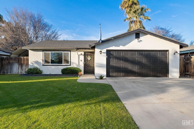 ranch-style house with an attached garage, a front yard, fence, and stucco siding