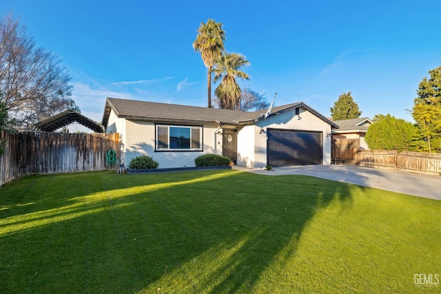 single story home with stucco siding, a front yard, a garage, fence private yard, and driveway