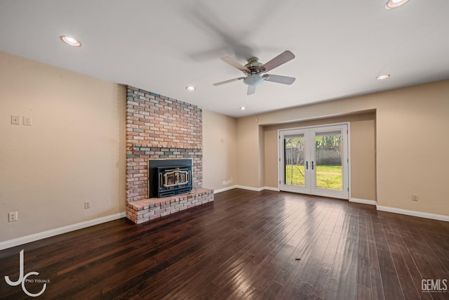 unfurnished living room with baseboards, dark wood finished floors, a ceiling fan, french doors, and recessed lighting