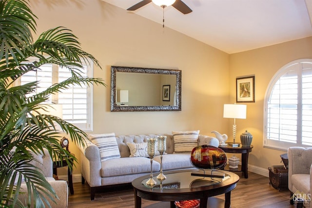 living room featuring hardwood / wood-style flooring, ceiling fan, and lofted ceiling