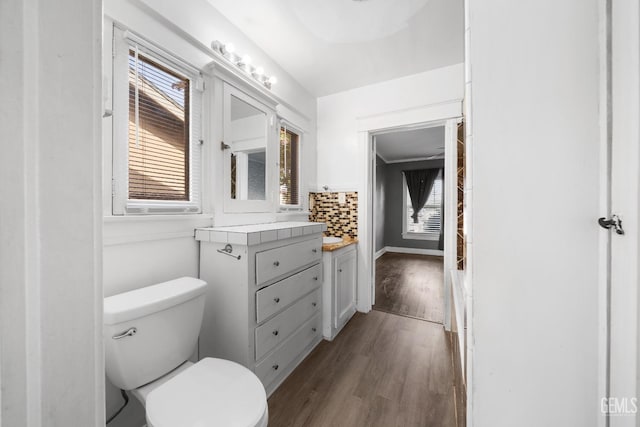 bathroom with hardwood / wood-style floors, vanity, tasteful backsplash, and toilet