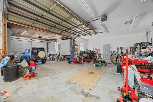 garage with a workshop area