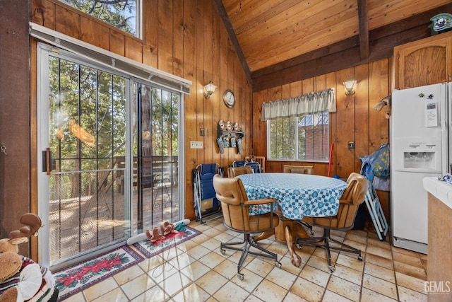 dining space with wood walls, wood ceiling, lofted ceiling, and plenty of natural light