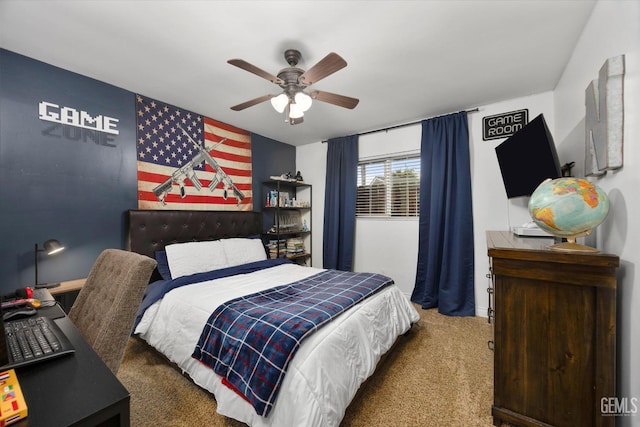 bedroom featuring carpet flooring and ceiling fan