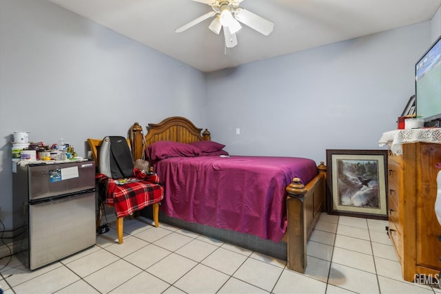 bedroom with light tile patterned flooring and ceiling fan