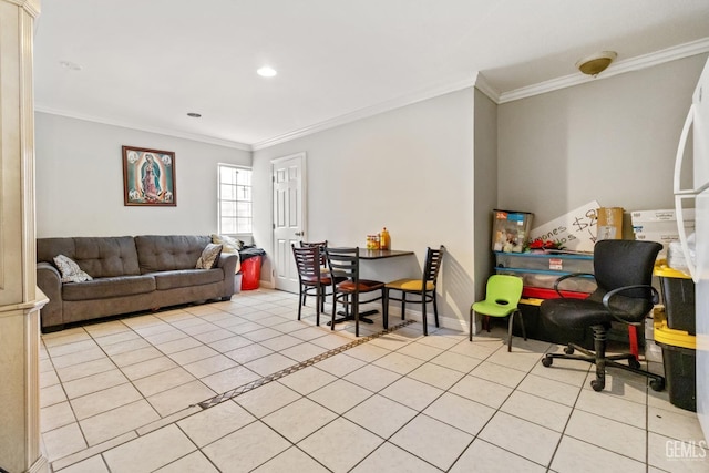 tiled living room featuring crown molding