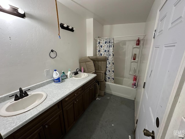 1403 Shasta St, Bakersfield, CA 93308 - bathroom with shower / bath combo, double vanity, and unfinished concrete floors