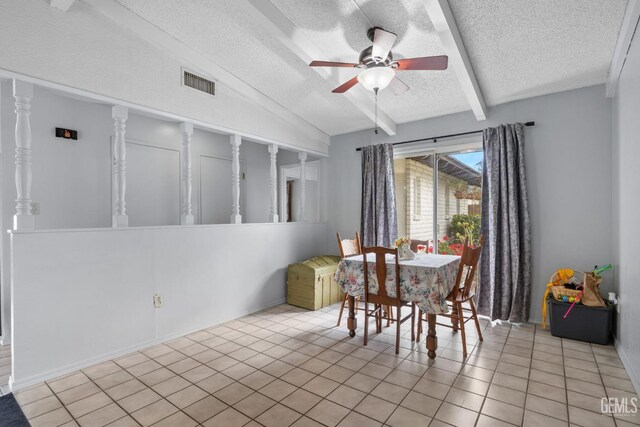 3406 Elm St, Bakersfield, CA 93301 - dining space with vaulted ceiling with beams, a ceiling fan, visible vents, and a textured ceiling