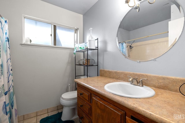 3406 Elm St, Bakersfield, CA 93301 - full bathroom featuring vanity, toilet, tile patterned flooring, and a shower with shower curtain
