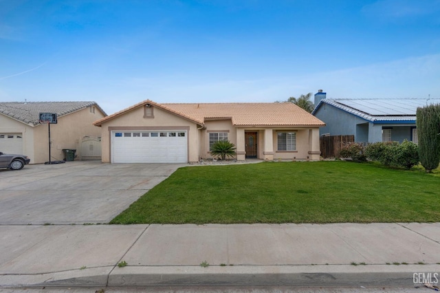 ranch-style home featuring a tile roof, stucco siding, concrete driveway, a front yard, and a garage