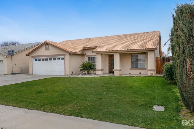 ranch-style house featuring an attached garage, fence, driveway, stucco siding, and a front yard