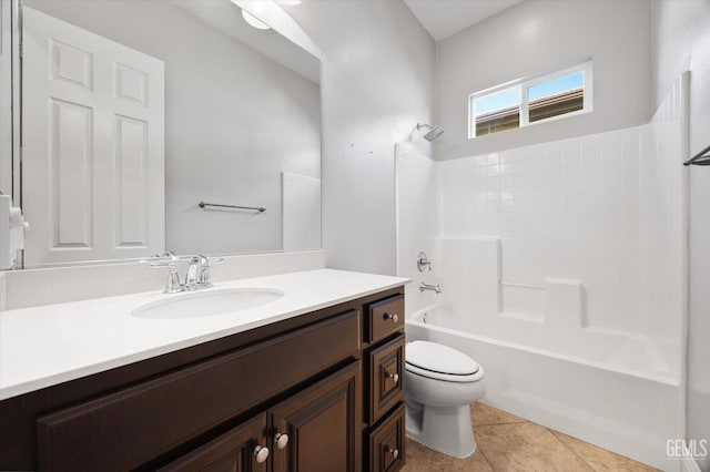 full bathroom with toilet, tile patterned flooring, shower / bath combination, and vanity