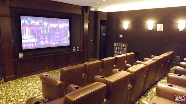 home theater featuring carpet