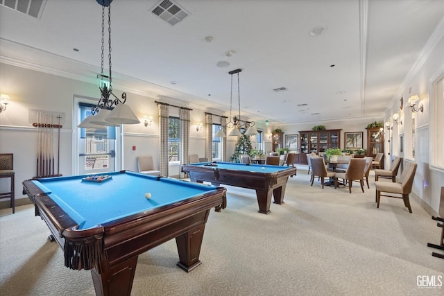 recreation room with crown molding, light colored carpet, and billiards