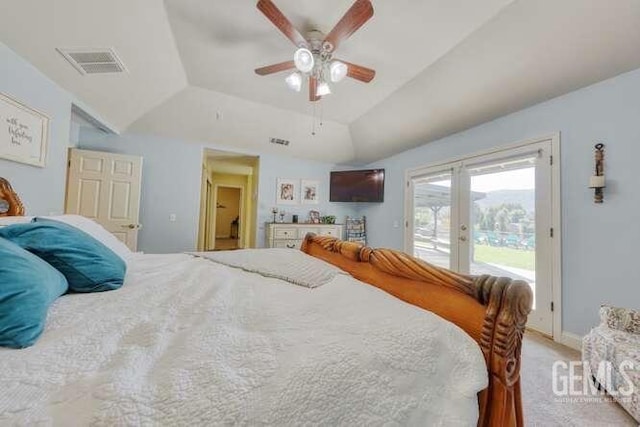 bedroom featuring access to exterior, french doors, ceiling fan, and lofted ceiling