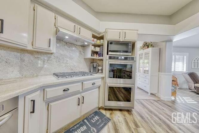 kitchen with backsplash, light wood-type flooring, and stainless steel appliances