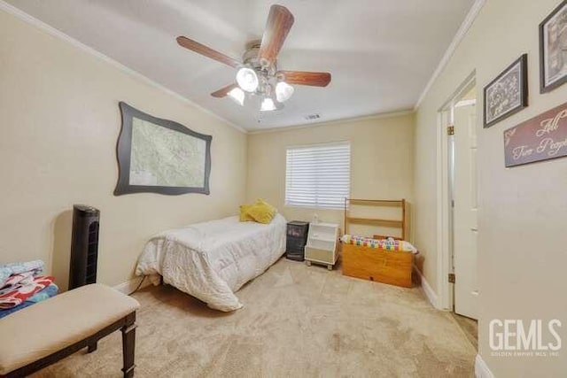 bedroom with ceiling fan, light colored carpet, and ornamental molding