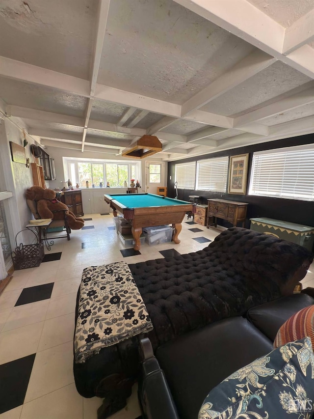 recreation room featuring coffered ceiling, beamed ceiling, and pool table