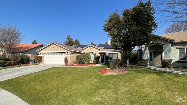 single story home featuring solar panels, a front yard, and a garage