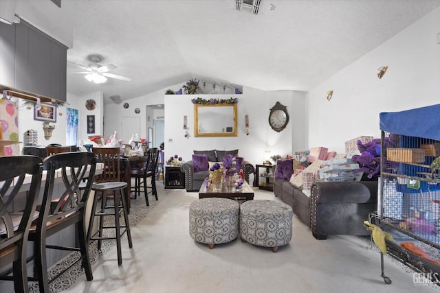 6009 Cedar Glen Ln, Bakersfield, CA 93313 - living room featuring lofted ceiling, ceiling fan, and a textured ceiling