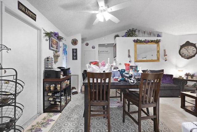 6009 Cedar Glen Ln, Bakersfield, CA 93313 - carpeted dining room featuring a ceiling fan, lofted ceiling, and a textured ceiling