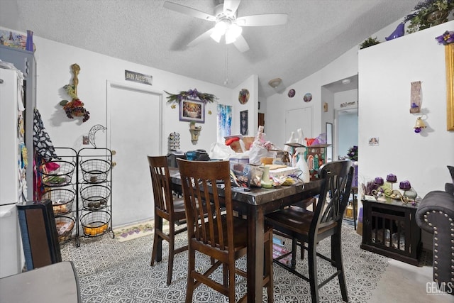 6009 Cedar Glen Ln, Bakersfield, CA 93313 - dining room featuring a textured ceiling, a ceiling fan, and vaulted ceiling