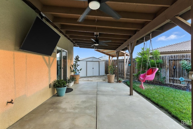8907 Stevie Ct, Bakersfield, CA 93313 - view of patio / terrace with a storage shed and ceiling fan