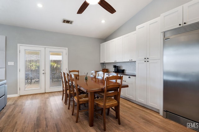 812 Mazatlan Dr, Bakersfield, CA 93314 - dining space with ceiling fan, french doors, light wood finished floors, lofted ceiling, and recessed lighting