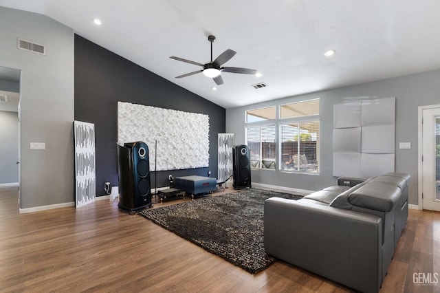 812 Mazatlan Dr, Bakersfield, CA 93314 - living area featuring ceiling fan, wood finished floors, high vaulted ceiling, and recessed lighting