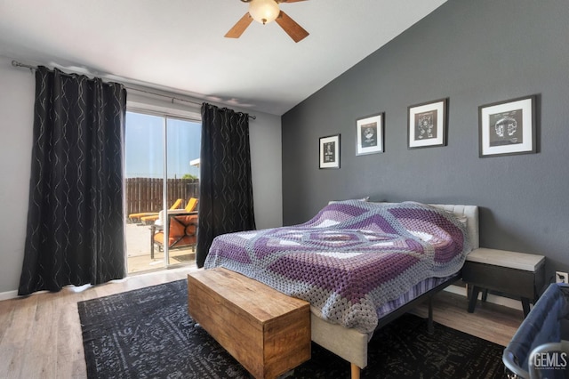812 Mazatlan Dr, Bakersfield, CA 93314 - bedroom featuring wood finished floors, lofted ceiling, access to exterior, and ceiling fan