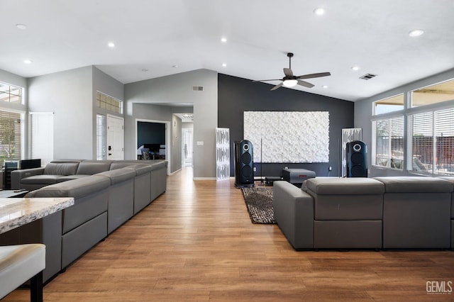 812 Mazatlan Dr, Bakersfield, CA 93314 - living area featuring high vaulted ceiling, ceiling fan, light wood-type flooring, and recessed lighting