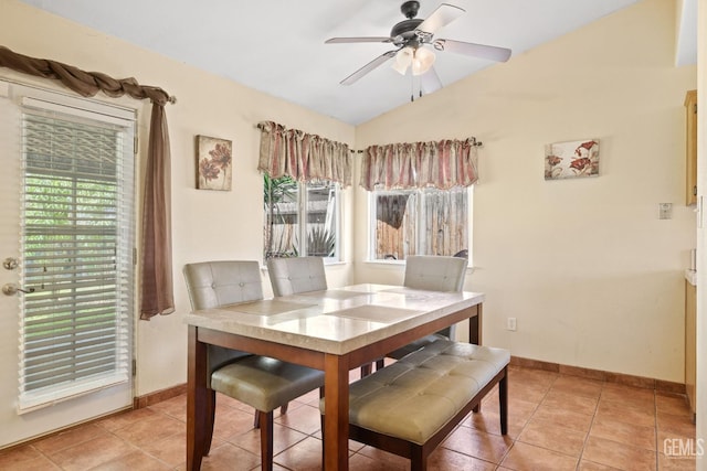5601 Sugar Pine Dr, Bakersfield, CA 93313 - dining area with vaulted ceiling, ceiling fan, and light tile patterned floors