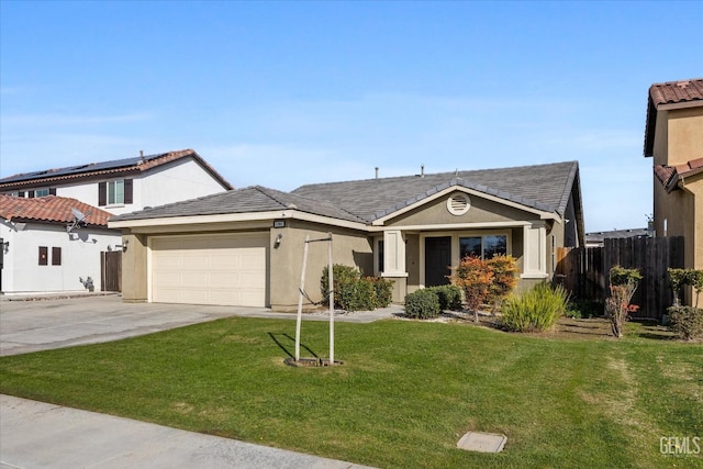 view of front of house featuring stucco siding, concrete driveway, an attached garage, fence, and a front lawn