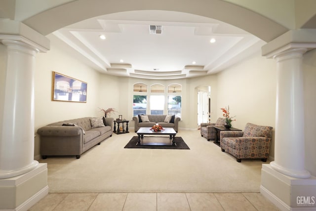 1705 Briercliff Ct, Bakersfield, CA 93311 - tiled living area featuring decorative columns, carpet, arched walkways, and recessed lighting