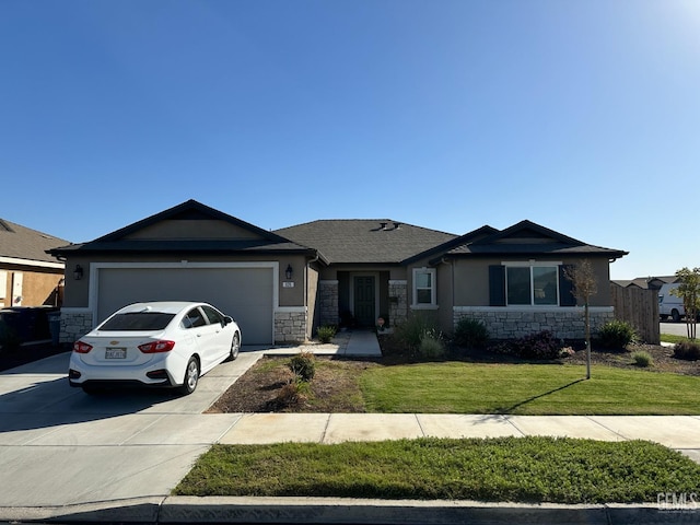 single story home featuring a front yard and a garage