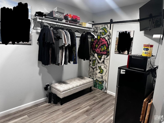 walk in closet with wood-type flooring and a barn door